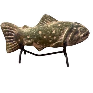 Vintage Hand Carved Stone Fish On Wrought Iron Stand 10” Long